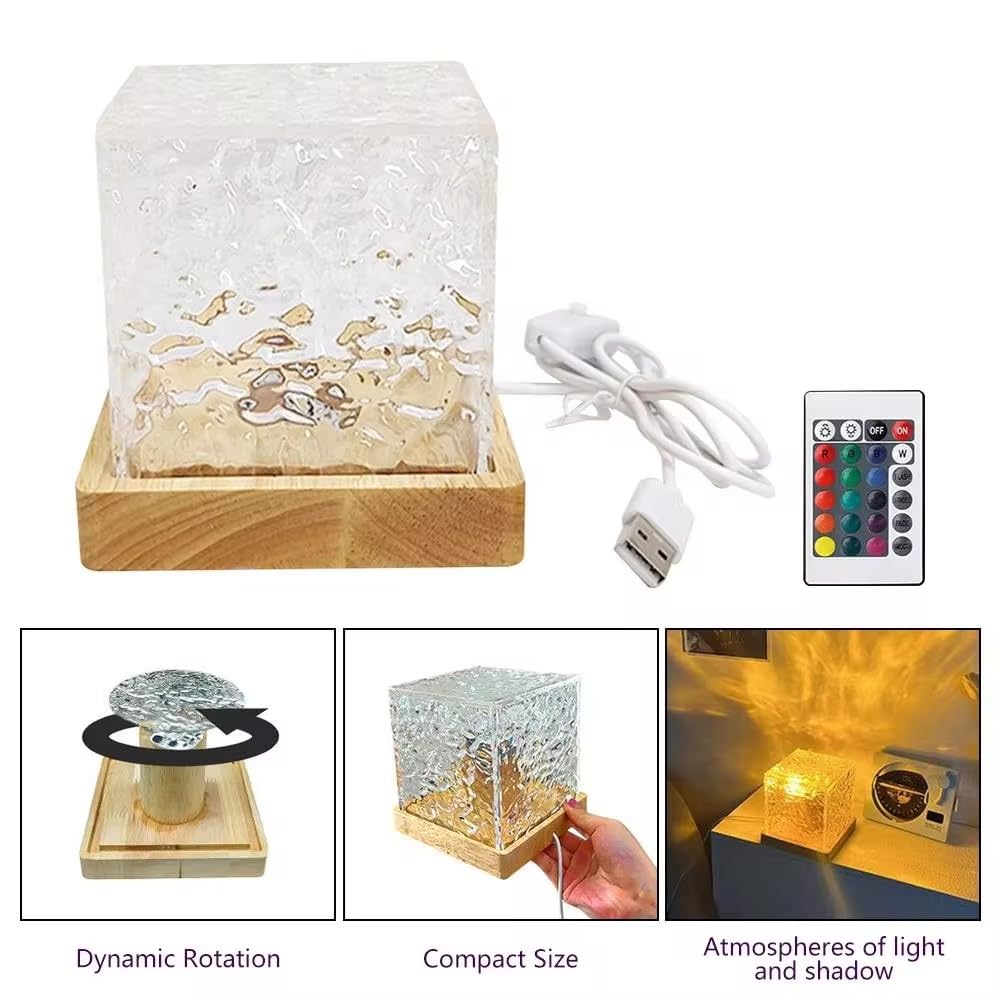 One94Store acrylic Romantic Ocean Wave Night Light Projector Lamp, 3D Water Wave Effect, LED Projection Lamp for Bedroom Decor, Remote Control (Cube Shape)
