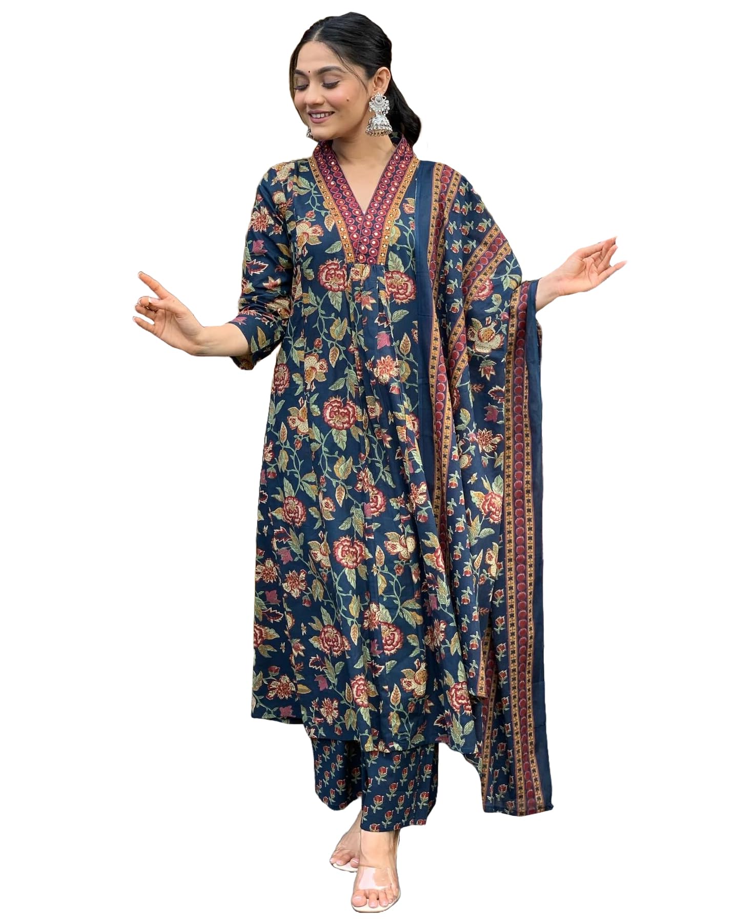 GoSriKi Women's Rayon Viscose Printed Anarkali Kurta with Palazzo & Dupatta