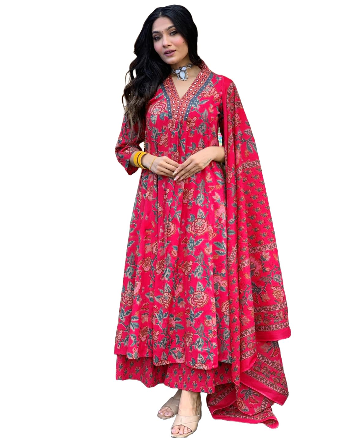 GoSriKi Women's Rayon Viscose Printed Anarkali Kurta with Palazzo & Dupatta