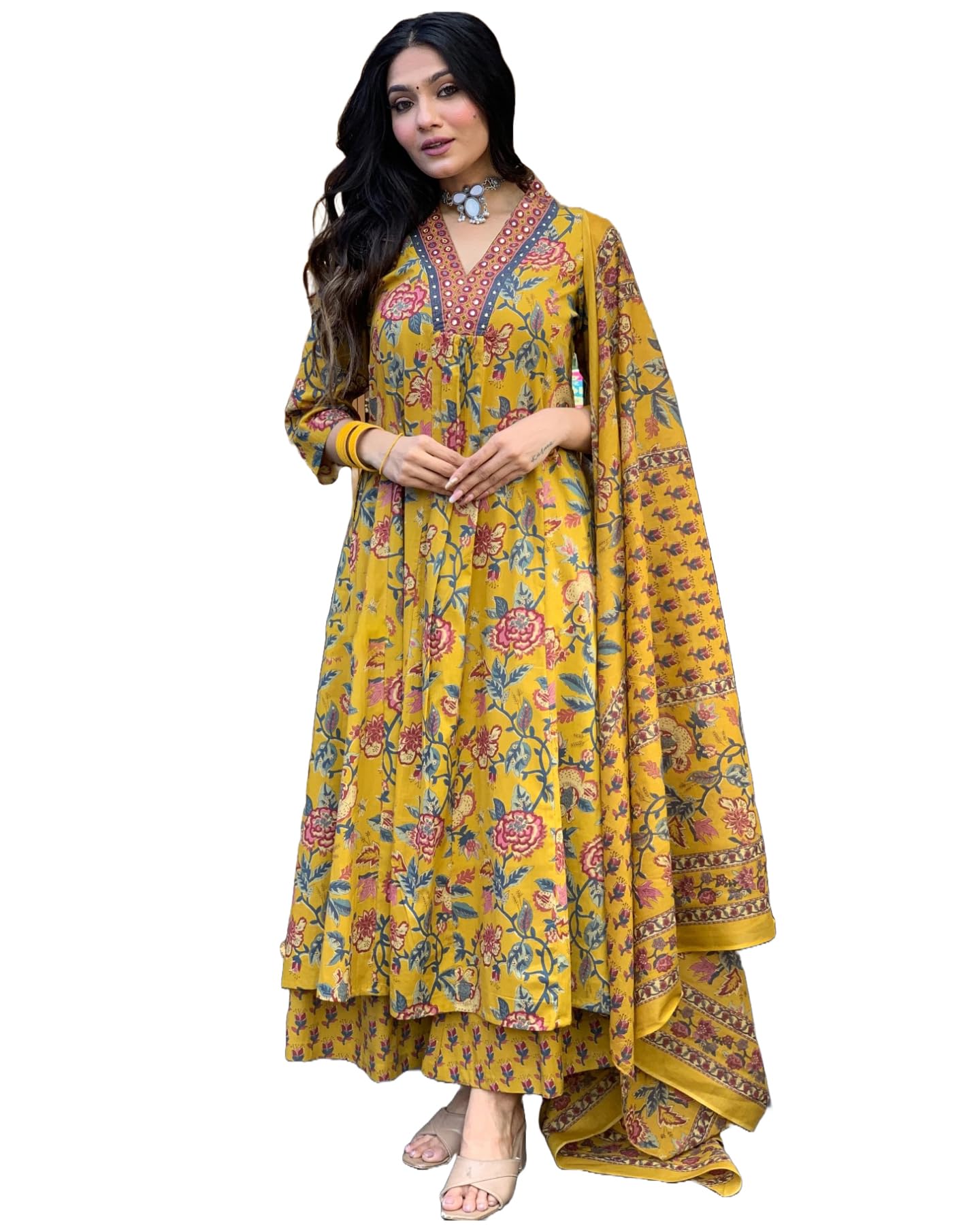 GoSriKi Women's Rayon Viscose Printed Anarkali Kurta with Palazzo & Dupatta