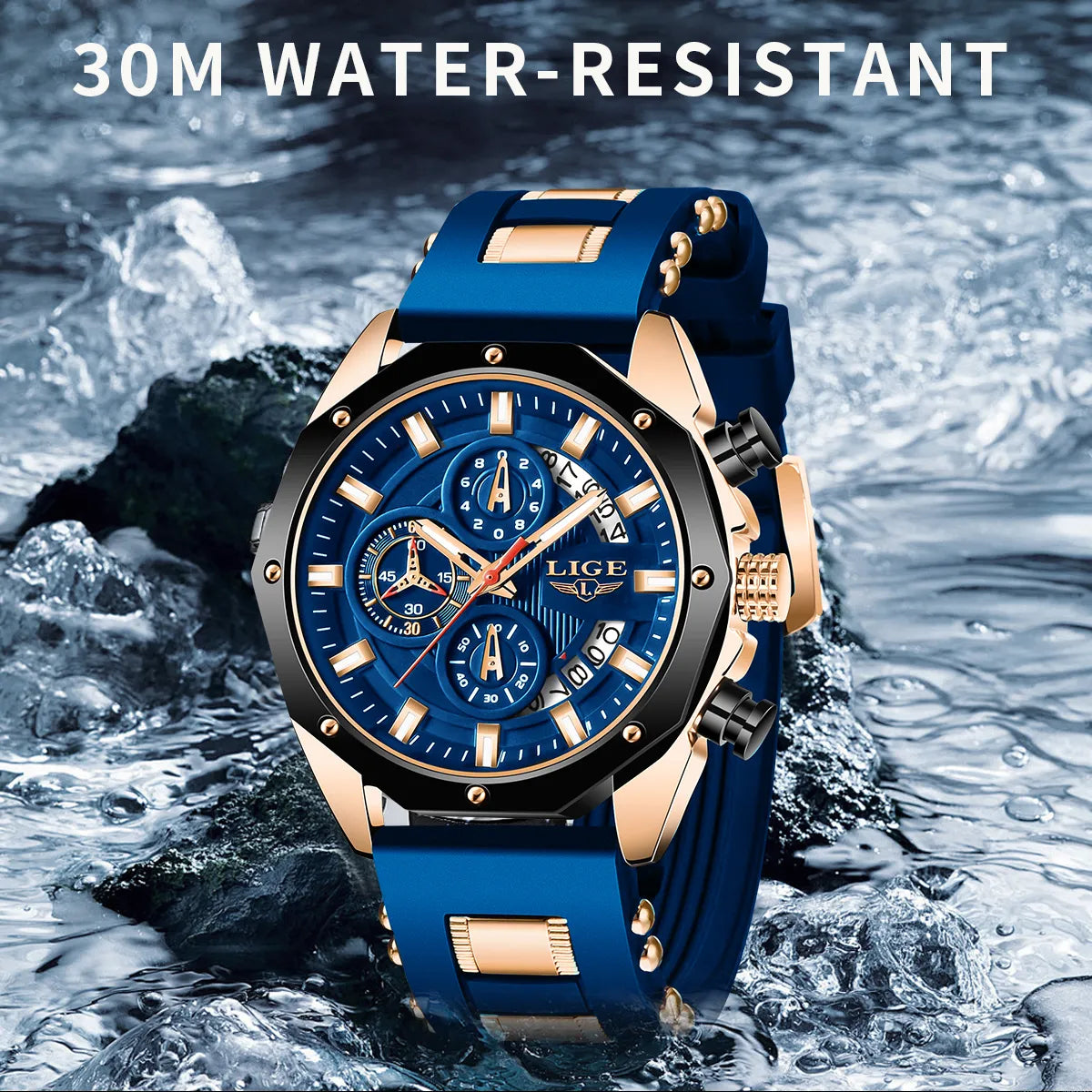 LIGE Mens Watches Brand Luxury Silicone Strap Waterproof Sport Quartz Watch Men Chronograph Military Clock Multi-function chronograph