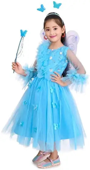 Girls Midi/Knee Length Party Dress (Blue, 3/4 Sleeve)
