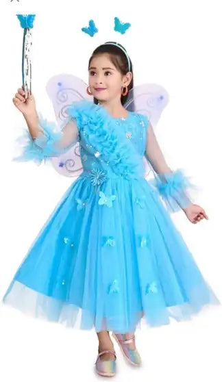 Girls Midi/Knee Length Party Dress (Blue, 3/4 Sleeve)