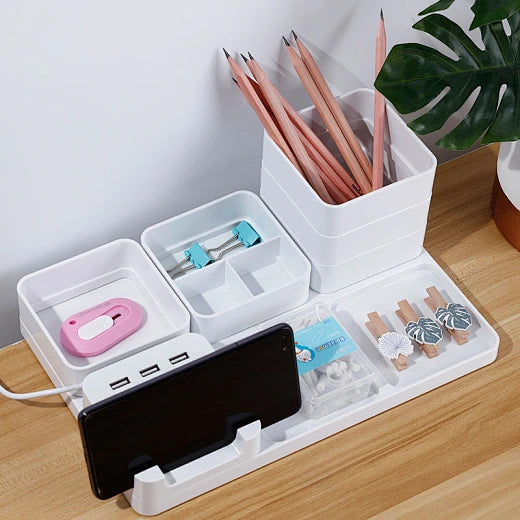 Tenwin 3222 USB DIY Novelty Office Desk Box Plastic Pen Mobile Charge Holder for Office Home School Student