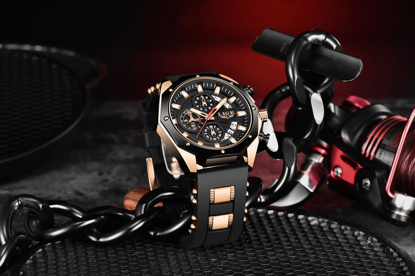 LIGE Mens Watches Brand Luxury Silicone Strap Waterproof Sport Quartz Watch Men Chronograph Military Clock Multi-function chronograph
