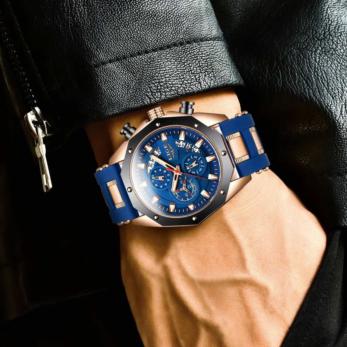 LIGE Mens Watches Brand Luxury Silicone Strap Waterproof Sport Quartz Watch Men Chronograph Military Clock Multi-function chronograph