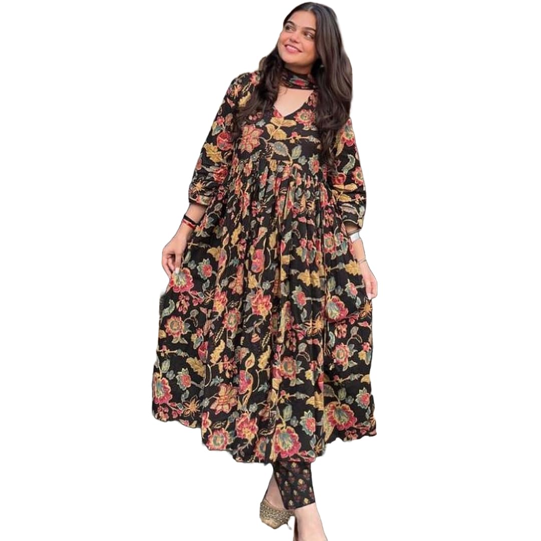 GoSriKi Women's Rayon Viscose Printed Anarkali Kurta with Palazzo & Dupatta