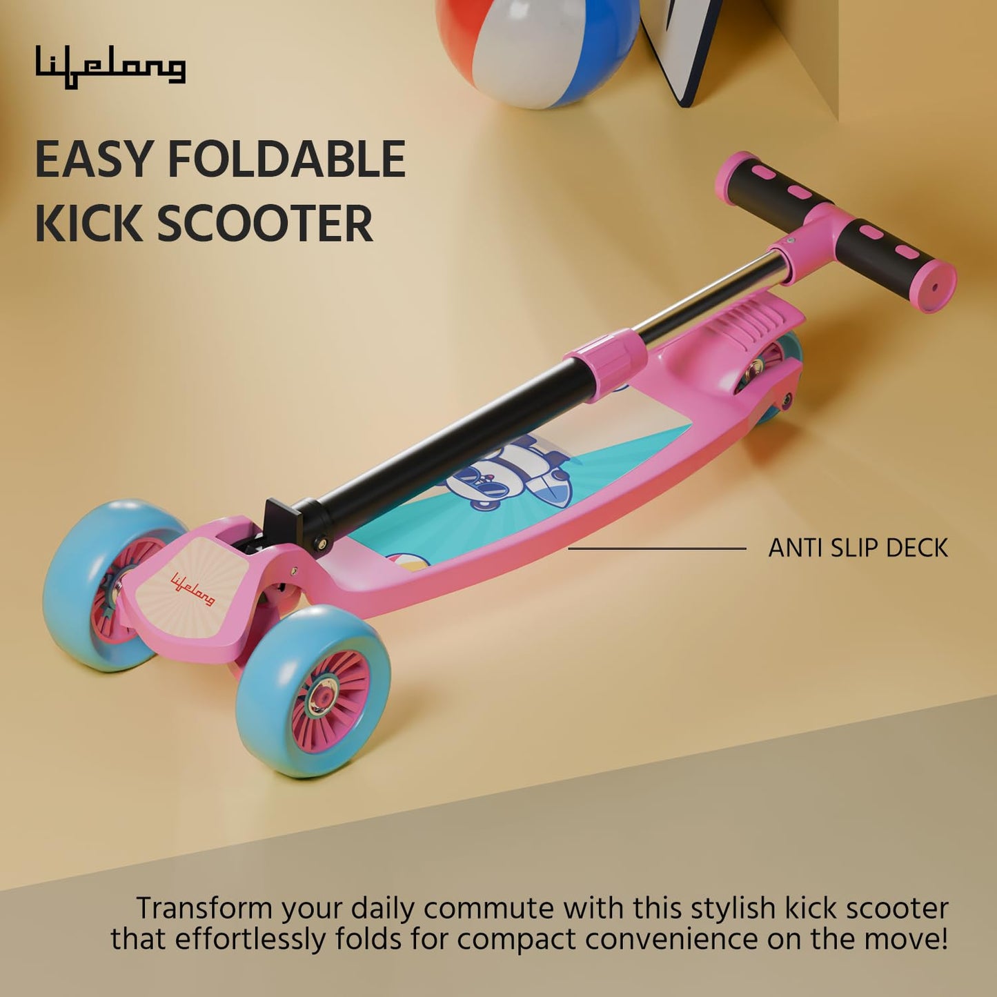 Lifelong LLKS03 Foldable Kick Skating Cycle| Skate Scooter for Kids(Max User Weight: 50Kg) Kids Scooter (Pink, Blue)