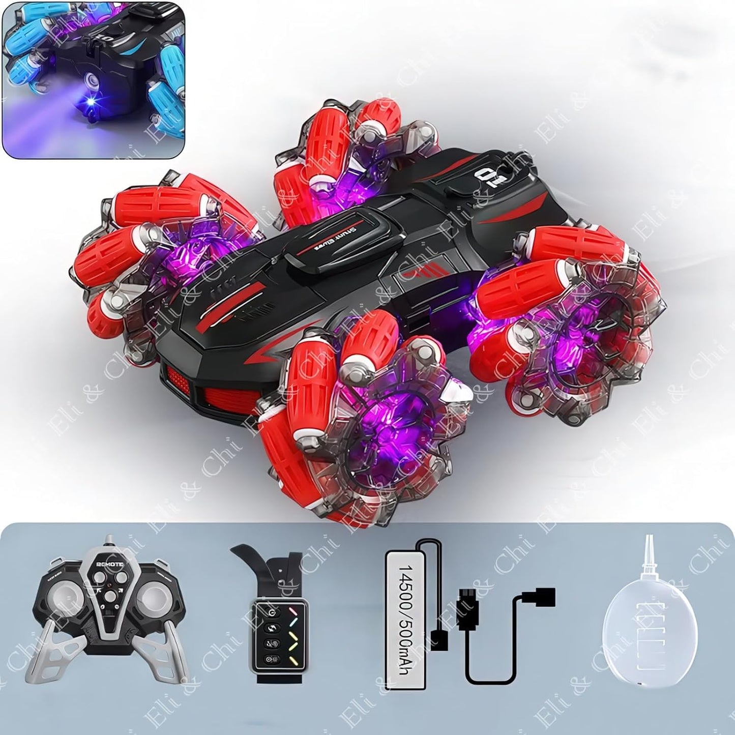 Eli & Chi 4WD Double-Sided RC Stunt Car for Kids: 360° Drift, Remote Control Racing, Rechargeable, Watch Gesture Control, Smoke & Mist Effect (Red)