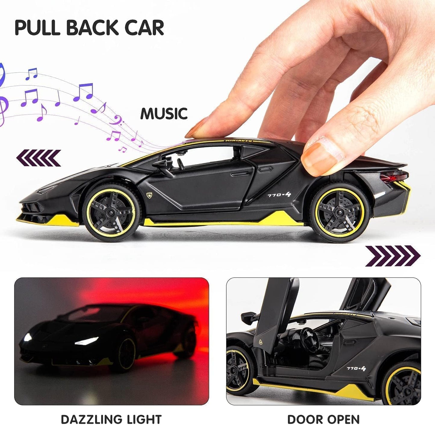 PRIME DEALS Lamborghini Car Toy Die-cast Metal Car Model Car Pull Back Super Car with Openable Doors with Sound and Light for Birthdays Gift Party Decorations for Kids Boys Girl 1:32 Scale, Black