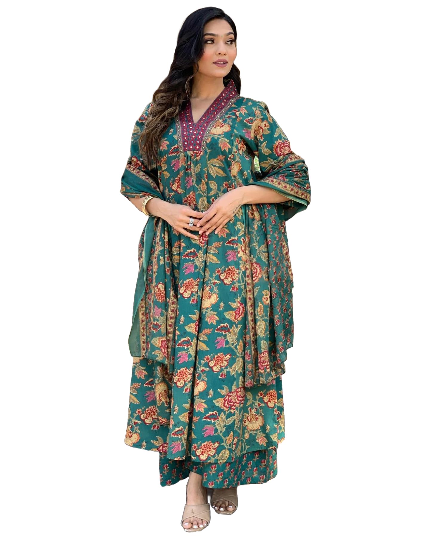 GoSriKi Women's Rayon Viscose Printed Anarkali Kurta with Palazzo & Dupatta