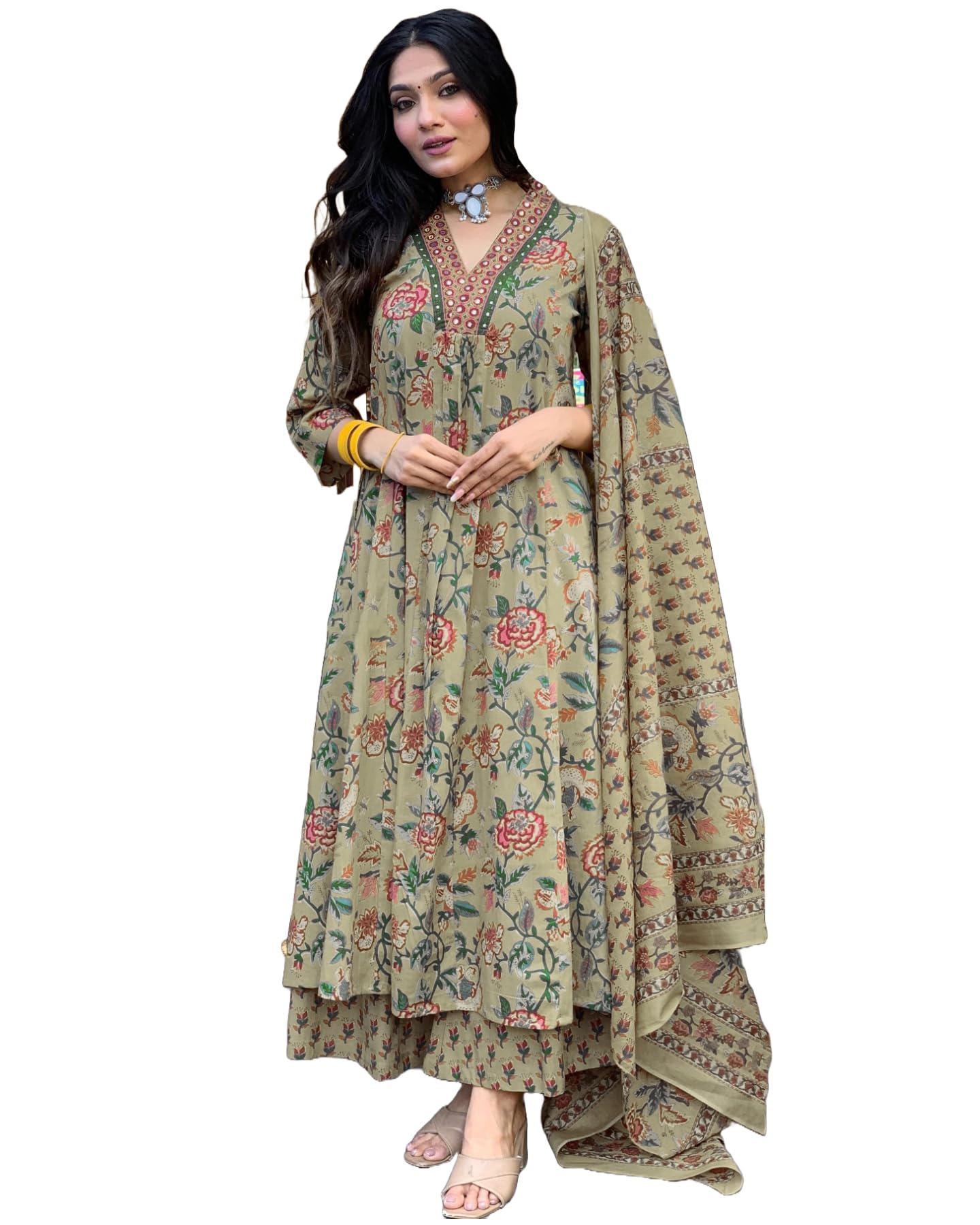 GoSriKi Women's Rayon Viscose Printed Anarkali Kurta with Palazzo & Dupatta