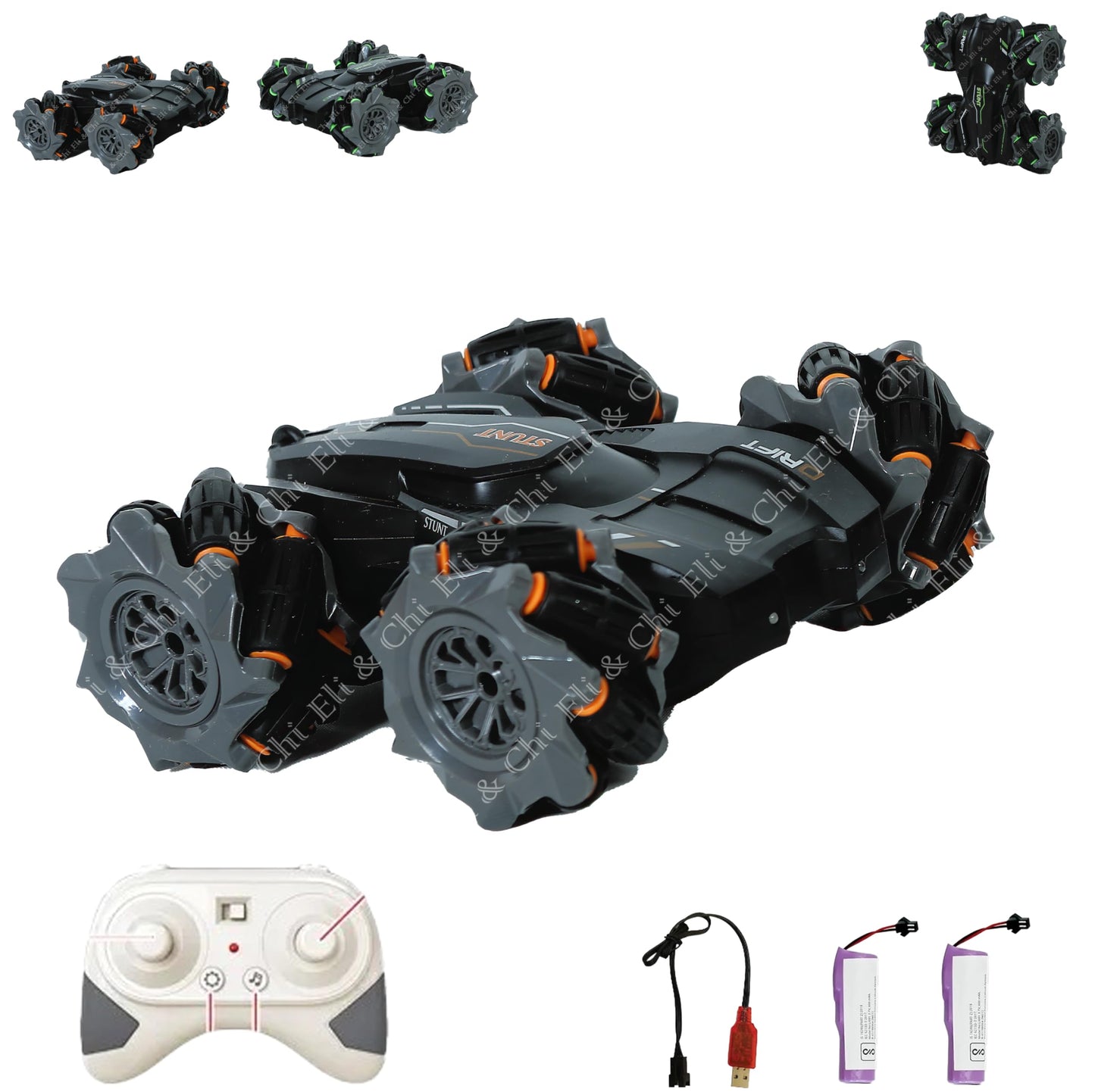 Eli & Chi 4WD Double-Sided RC Stunt Car for Kids: 360° Drift, Remote Control Racing, Rechargeable, Watch Gesture Control, Smoke & Mist Effect (Red)