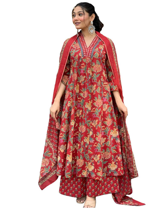 GoSriKi Women's Rayon Viscose Printed Anarkali Kurta with Palazzo & Dupatta