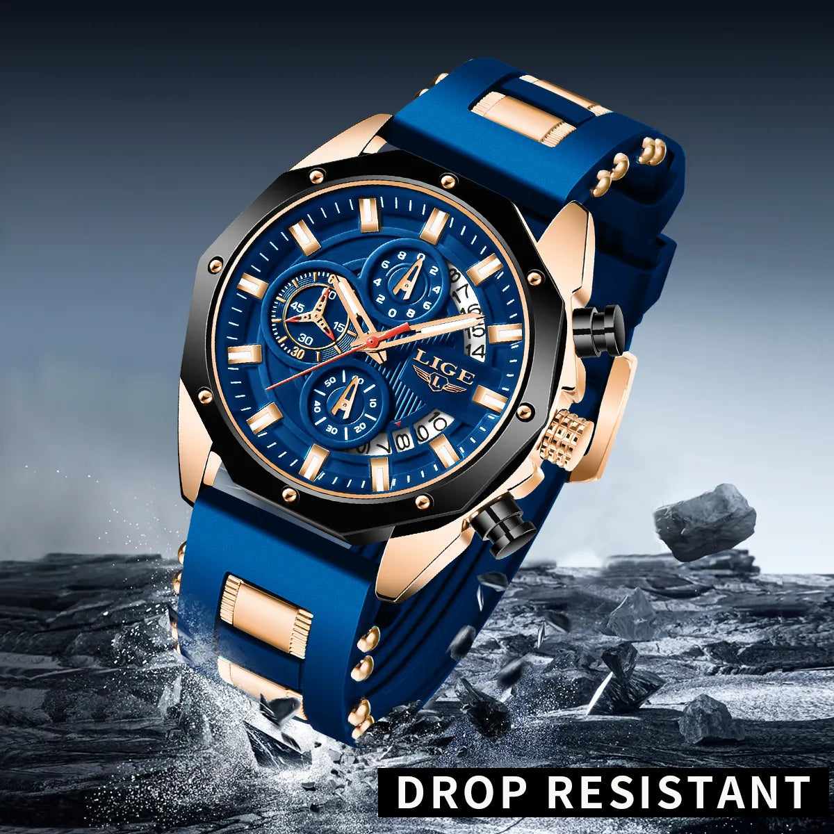 LIGE Mens Watches Brand Luxury Silicone Strap Waterproof Sport Quartz Watch Men Chronograph Military Clock Multi-function chronograph