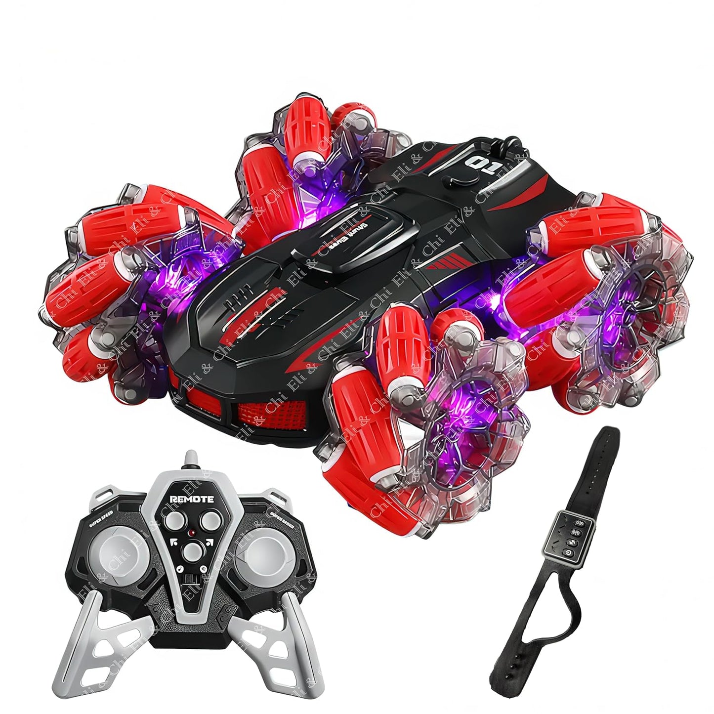 Eli & Chi 4WD Double-Sided RC Stunt Car for Kids: 360° Drift, Remote Control Racing, Rechargeable, Watch Gesture Control, Smoke & Mist Effect (Red)