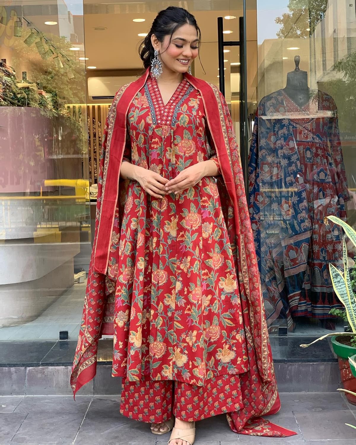 GoSriKi Women's Rayon Viscose Printed Anarkali Kurta with Palazzo & Dupatta