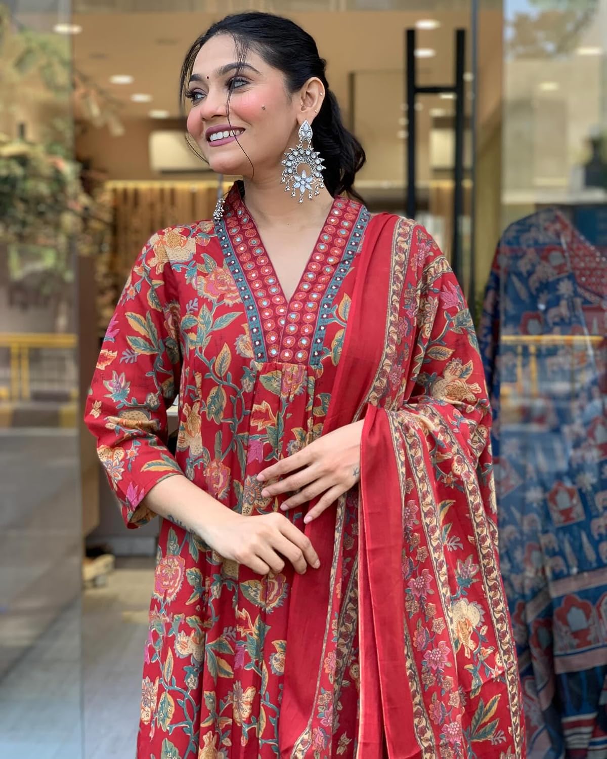 GoSriKi Women's Rayon Viscose Printed Anarkali Kurta with Palazzo & Dupatta