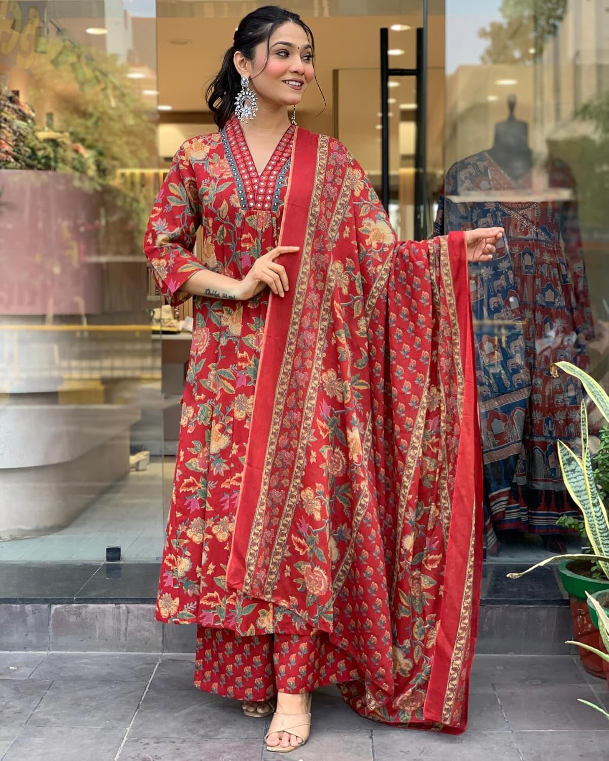 GoSriKi Women's Rayon Viscose Printed Anarkali Kurta with Palazzo & Dupatta