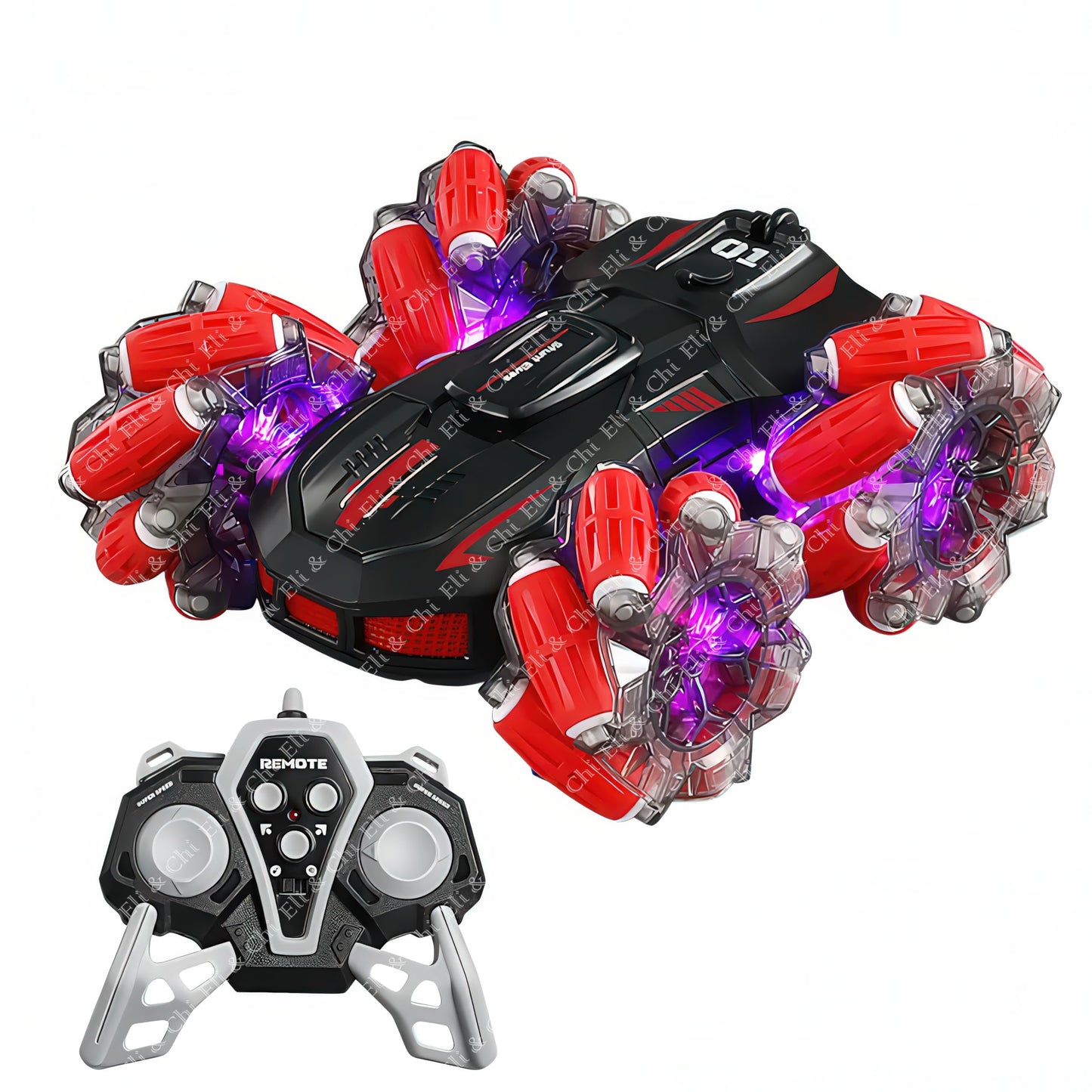 Eli & Chi 4WD Double-Sided RC Stunt Car for Kids: 360° Drift, Remote Control Racing, Rechargeable, Watch Gesture Control, Smoke & Mist Effect (Red)