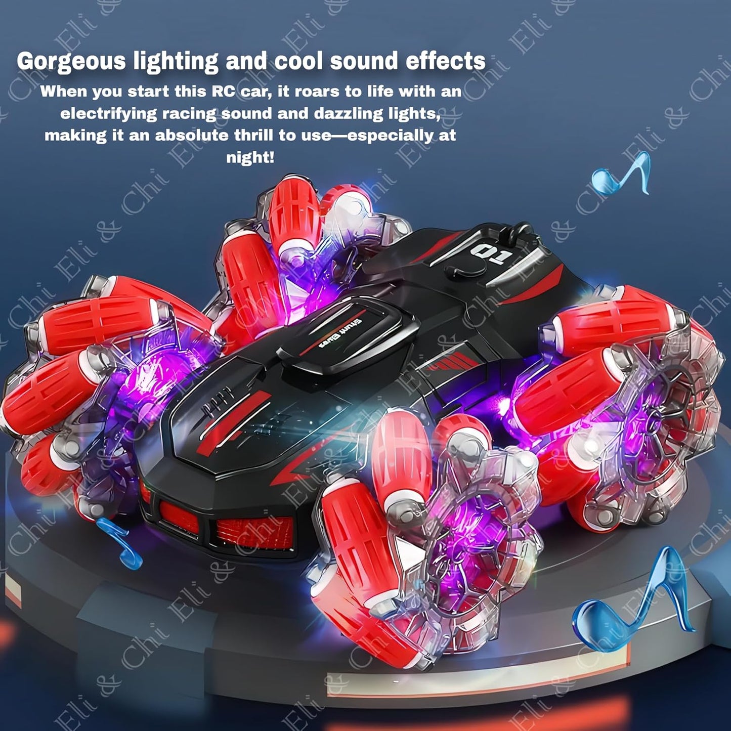 Eli & Chi 4WD Double-Sided RC Stunt Car for Kids: 360° Drift, Remote Control Racing, Rechargeable, Watch Gesture Control, Smoke & Mist Effect (Red)