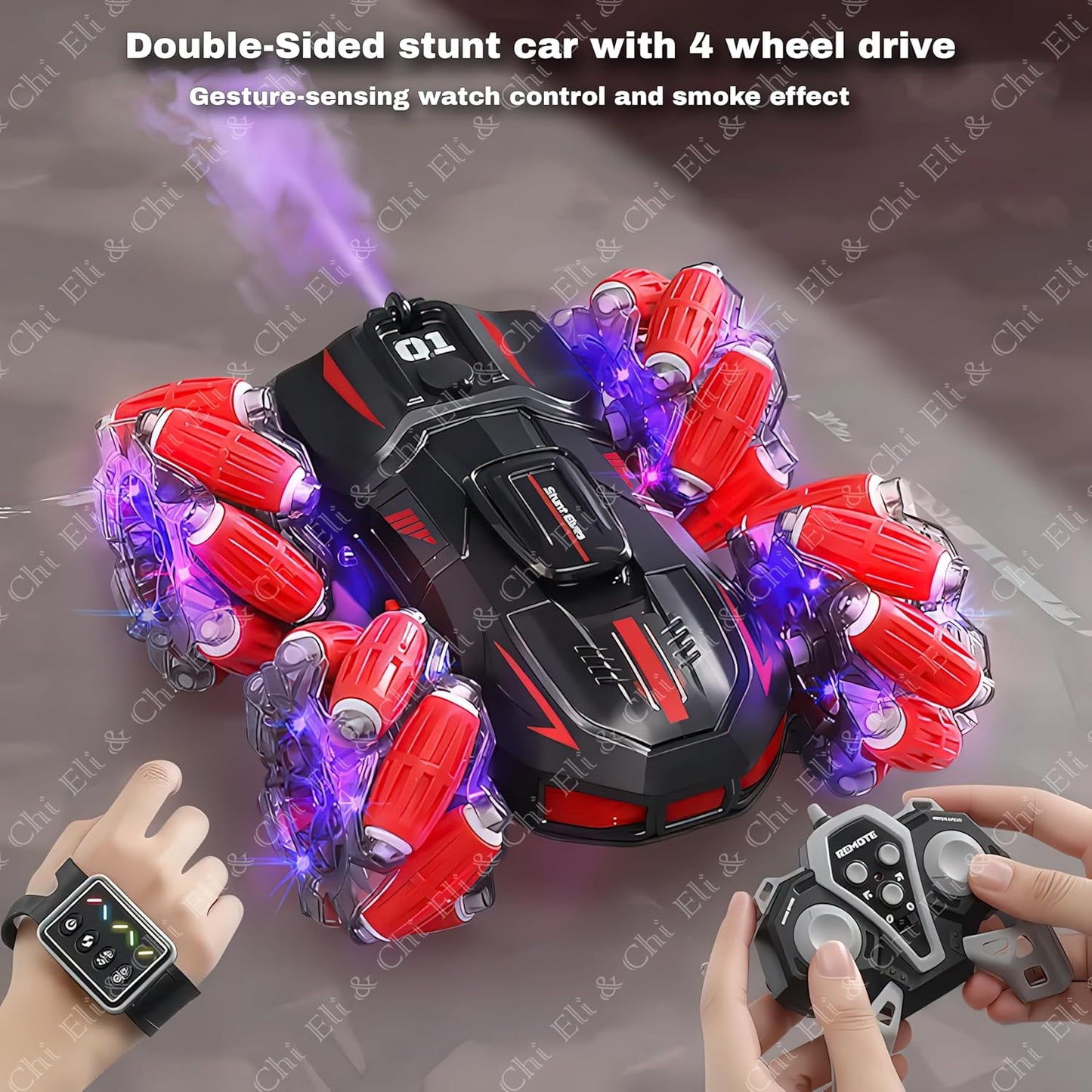 Eli & Chi 4WD Double-Sided RC Stunt Car for Kids: 360° Drift, Remote Control Racing, Rechargeable, Watch Gesture Control, Smoke & Mist Effect (Red)