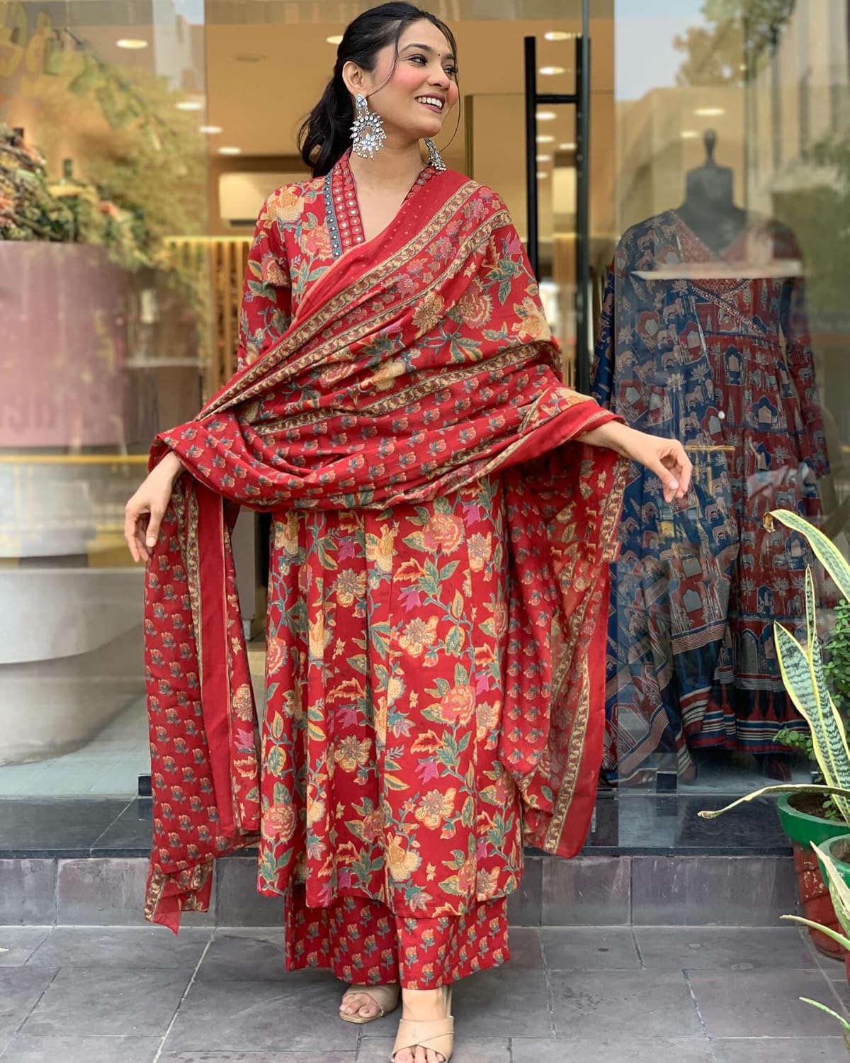 GoSriKi Women's Rayon Viscose Printed Anarkali Kurta with Palazzo & Dupatta