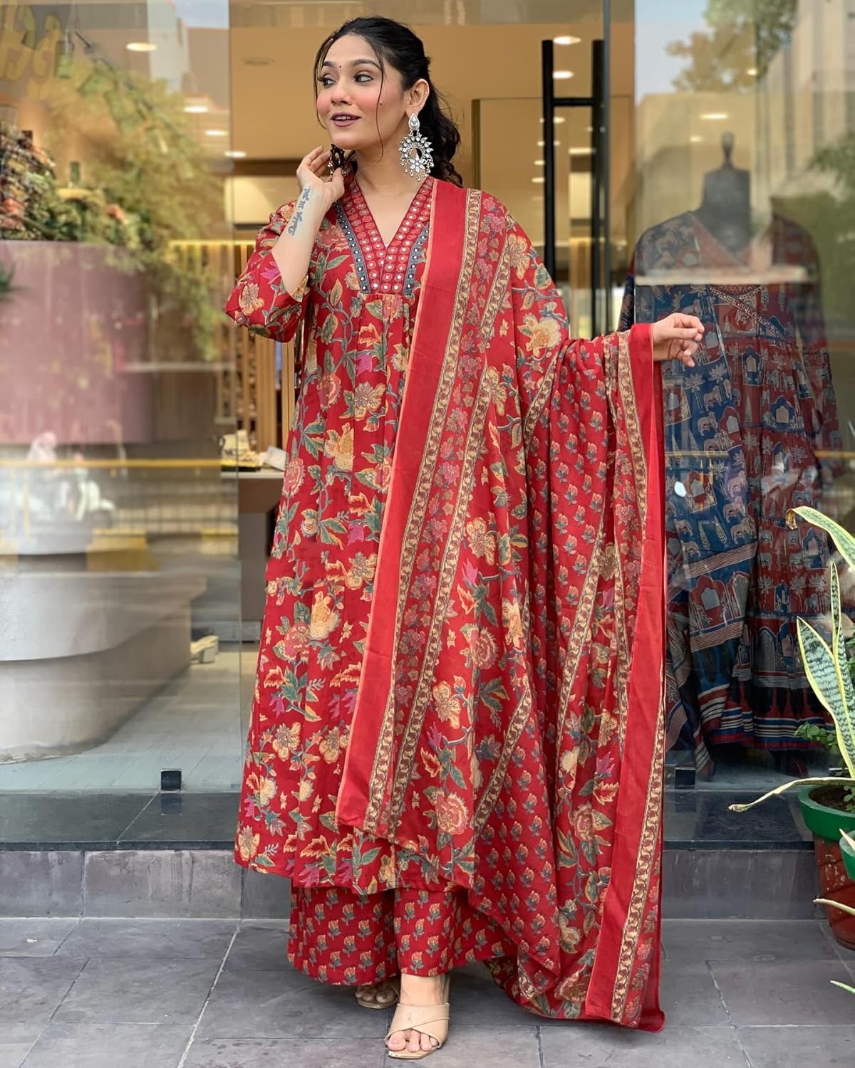 GoSriKi Women's Rayon Viscose Printed Anarkali Kurta with Palazzo & Dupatta