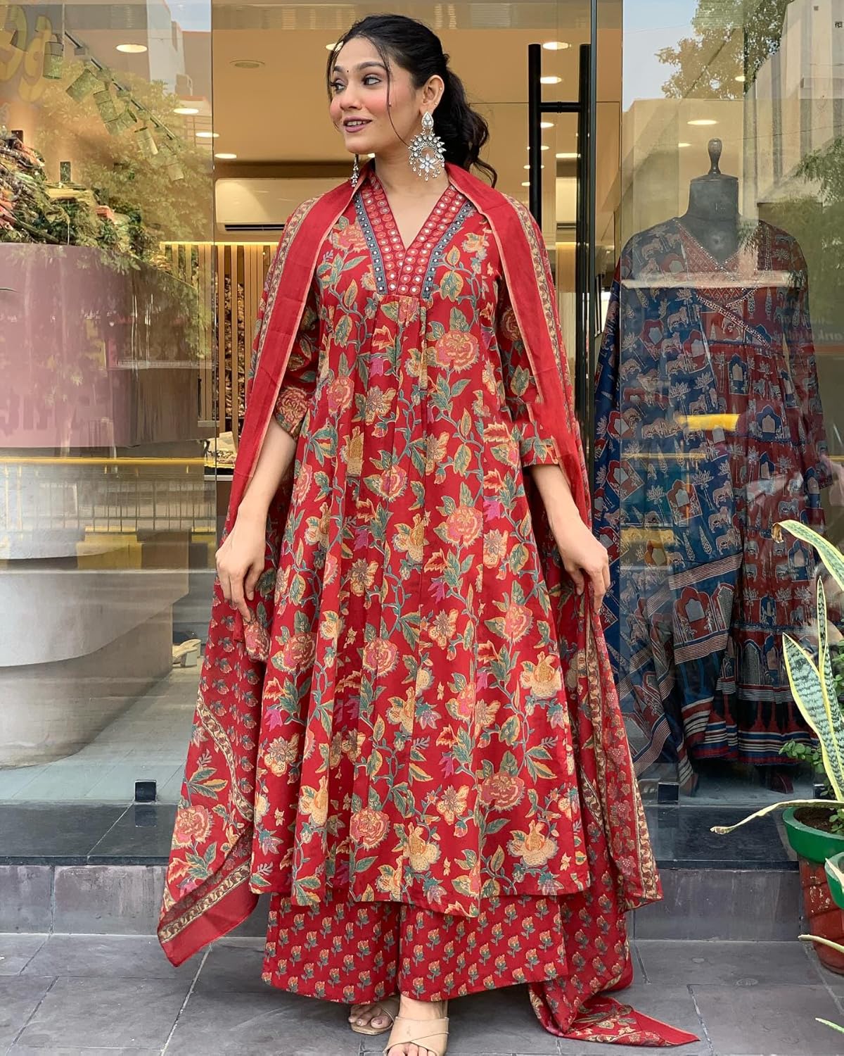 GoSriKi Women's Rayon Viscose Printed Anarkali Kurta with Palazzo & Dupatta