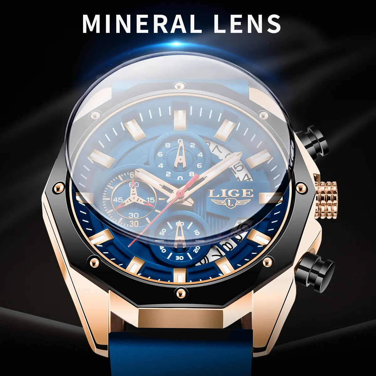 LIGE Mens Watches Brand Luxury Silicone Strap Waterproof Sport Quartz Watch Men Chronograph Military Clock Multi-function chronograph