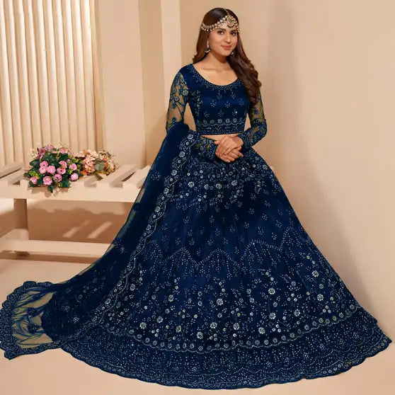 Embroidered Semi Stitched Lehenga Choli (Blue)