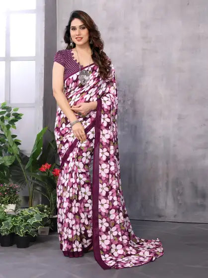 Floral Print Bollywood Georgette Saree (Purple, White, Green)